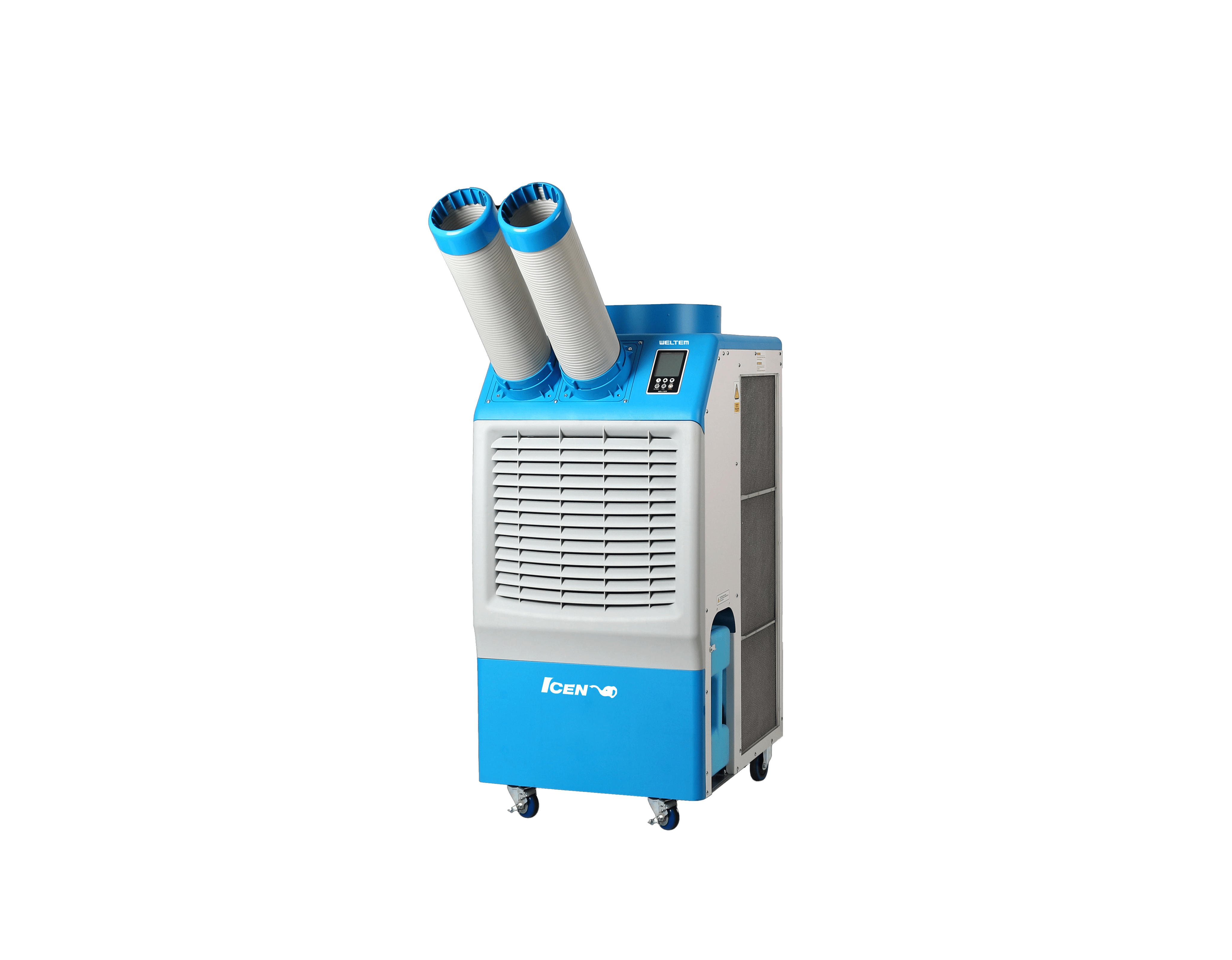 ICEN IPAC2-61 portable air conditioner with R32 refrigerant, featuring a modern design, digital control panel, and easy mobility with caster wheels.